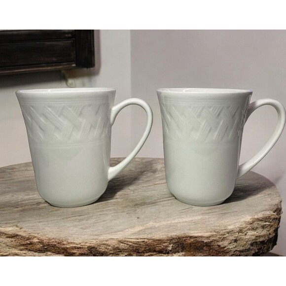 Martha Stewart FRENCH CUPBOARD Coffee Tea Mugs Cups Basketweave Set Of 2 - Picture 1 of 8